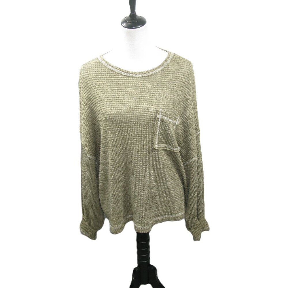 She + Sky Army Green Waffle Knit Long Sleeve Top Size Large